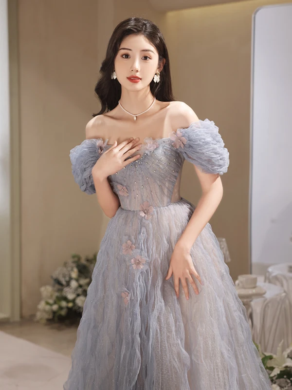 Chic / Beautiful Sky Blue Glitter Beading Appliques Prom Dresses 2023 A-Line / Princess Off-The-Shoulder Short Sleeve Backless Floor-Length / Long Prom Formal Dresses