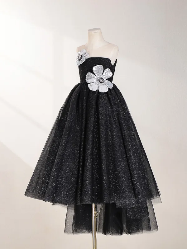 Sparkly Black Beading Sequins Flower Birthday Flower Girl Dresses 2024 A-Line / Princess Scoop Neck Sleeveless Backless Tea-length