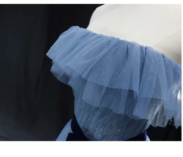 Chic / Beautiful Ocean Blue Glitter Bow Sash Prom Dresses 2025 A-Line / Princess Strapless Sleeveless Backless Floor-Length / Long Prom Formal Dresses