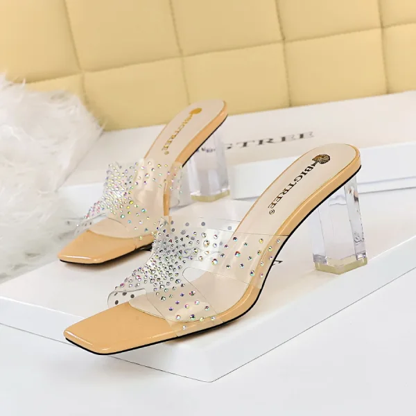 Transparent Sexy Beige Rhinestone Womens Sandals 2022 Street Wear 7 cm Thick Heels Open / Peep Toe High Heels