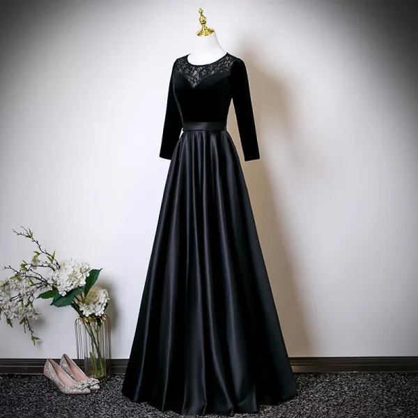Vintage / Retro Black Lace Flower Satin Mother Of The Bride Dresses 2025 A-Line / Princess Scoop Neck Long Sleeve Backless Floor-Length / Long