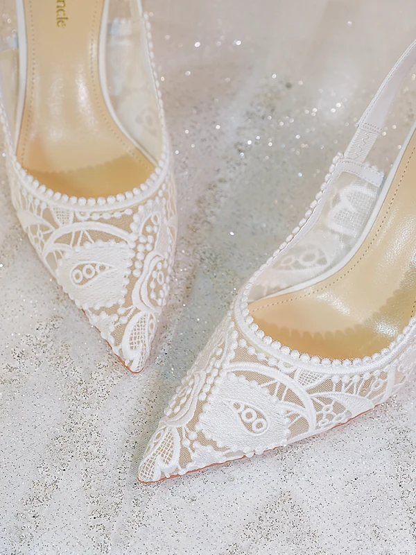 Elegant White Lace Wedding Shoes 2024 Wedding Leather 8 cm Stiletto Heels Pointed Toe Sandals High Heels