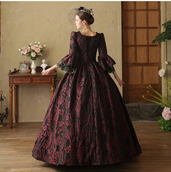Vintage / Retro Medieval Gothic Burgundy Printing Rhinestone Prom Dresses 2024 Ball Gown Square Neckline Bell sleeves Floor-Length / Long Prom Formal Dresses