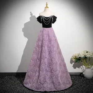 Chic Belle Lavande Fleur Faux Diamant Robe De Bal 2025 Princesse De L Épaule Manches Courtes Dos Nu Longue Robe De Ceremonie