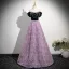 Chic / Beautiful Lavender Flower Rhinestone Prom Dresses 2025 A-Line / Princess Off-The-Shoulder Short Sleeve Backless Floor-Length / Long Formal Dresses