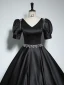 Vintage / Retro Black Rhinestone Satin Prom Dresses 2024 Ball Gown V-Neck Short Sleeve Backless Floor-Length / Long Prom Formal Dresses