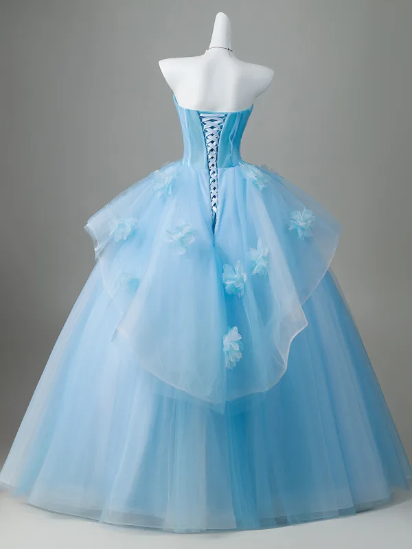 Elegant Sky Blue Appliques Beading Prom Dresses 2026 Ball Gown Strapless Sleeveless Backless Floor-Length / Long Prom Formal Dresses
