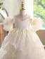 Ethereal Champagne Beading Appliques Birthday Cascading Ruffles Flower Girl Dresses 2026 Ball Gown Off-The-Shoulder Puffy Short Sleeve Backless Tulle