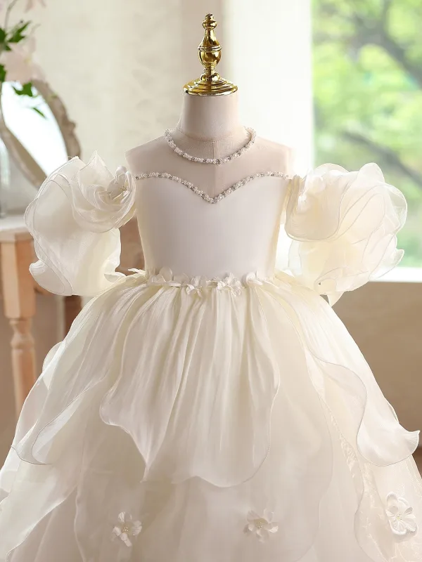 Exquisite Champagne Pearl Appliques Cascading Ruffles Wedding Flower Girl Dresses 2026 Ball Gown Off-The-Shoulder Short Sleeve Backless