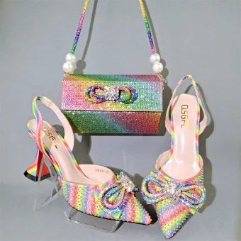 Chic Beautiful Multi Colors Rhinestone Bow Evening Party Womens Shoes Clutch Bags 2023 High Heels 8 Cm Stiletto Heels Pointed Toe Womens Shoes Heels Clutch Bags