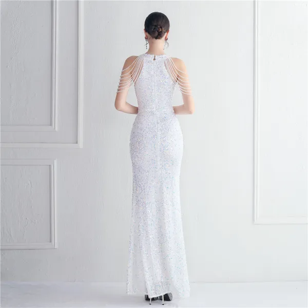 Sexy Doré Perlage Paillettes Fendue devant Robe De Soirée 2024 Trompette / Sirène Encolure Dégagée Sans Manches Dos Nu Longue Soirée Robe De Ceremonie