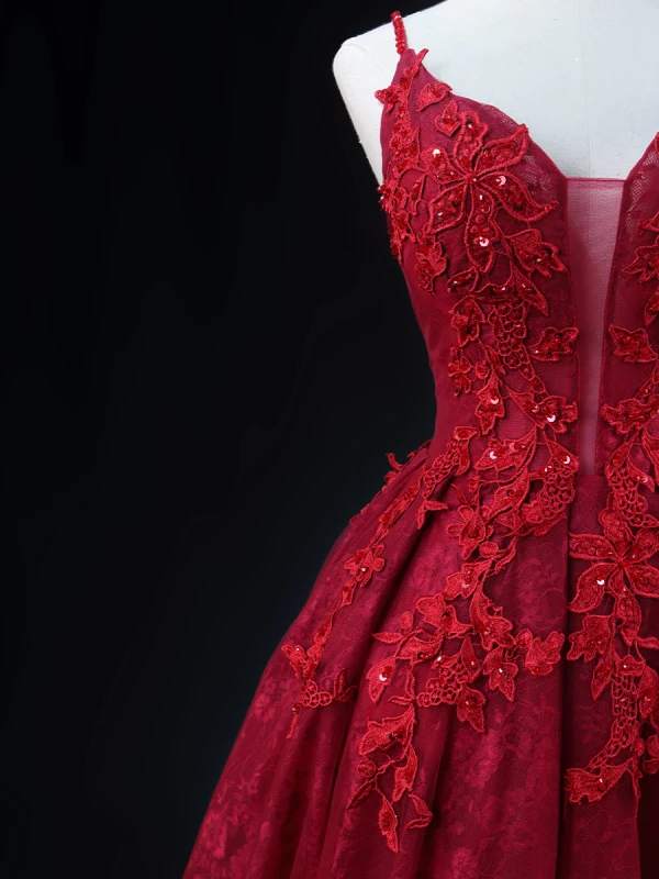 Sexy Burgundy Beading Sequins Lace Flower Evening Dresses 2023 A-Line / Princess Spaghetti Straps Sleeveless Backless Floor-Length / Long Evening Party Formal Dresses