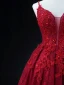 Sexy Burgundy Beading Sequins Lace Flower Evening Dresses 2023 A-Line / Princess Spaghetti Straps Sleeveless Backless Floor-Length / Long Evening Party Formal Dresses