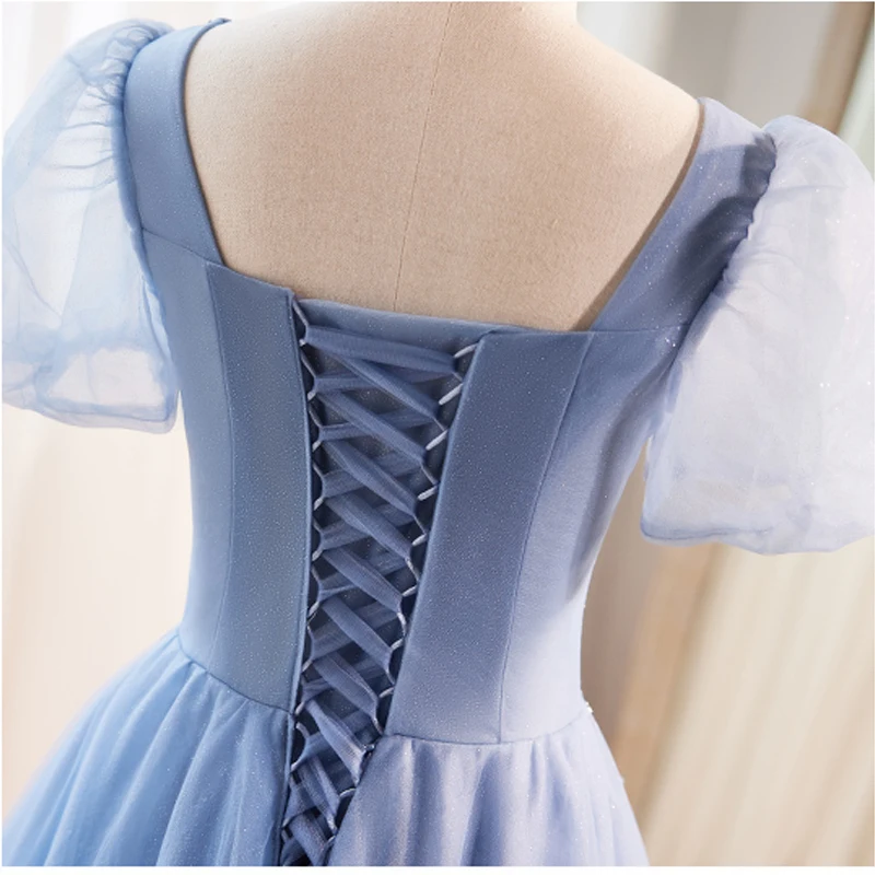 Modest Simple Sky Blue Beading Sequins Prom Dresses 2023 A Line Princess  Square Neckline Short Sleeve Backless Floor Length Long Prom Formal Dresses