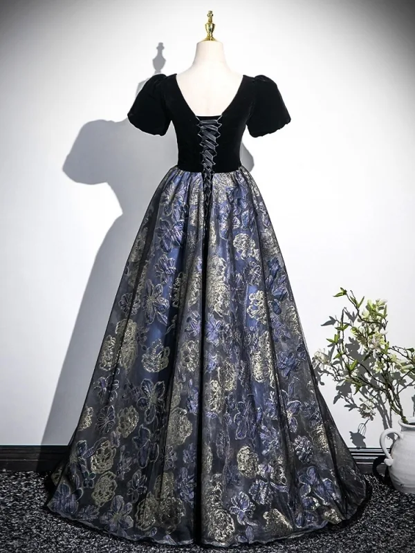 Vintage / Retro Black Printing Prom Dresses 2025 A-Line / Princess Square Neckline Puffy Short Sleeve Backless Floor-Length / Long Formal Dresses