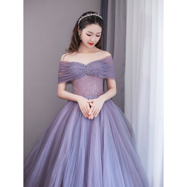 Chic / Beautiful Lavender Beading Pleated Prom Dresses 2023 A-Line / Princess Off-The-Shoulder Short Sleeve Backless Floor-Length / Long Prom Formal Dresses