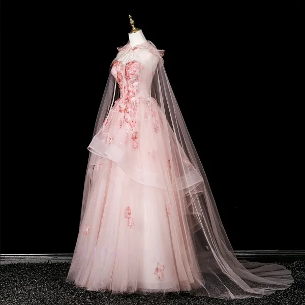 Flower Fairy Blushing Pink Beading Appliques Prom Dresses 2025 Ball Gown Strapless Sleeveless Backless Floor-Length / Long Formal Dresses