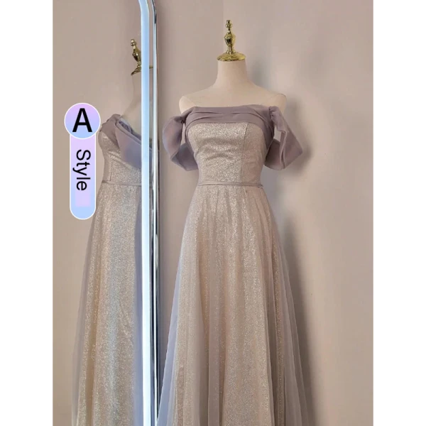 Simple Champagne Noeud Paillettes Robe Demoiselle D'honneur 2022 Princesse De l'épaule Manches Courtes Dos Nu Longue Robe Demoiselle D'honneur
