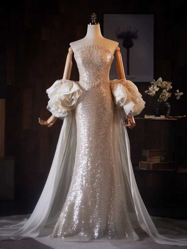 Luxe Scintillantes Champagne Paillettes Robe De Soirée 2026 Trompette / Sirène Bustier Gonflée Manches Courtes Dos Nu Train De Balayage Robe De Ceremonie