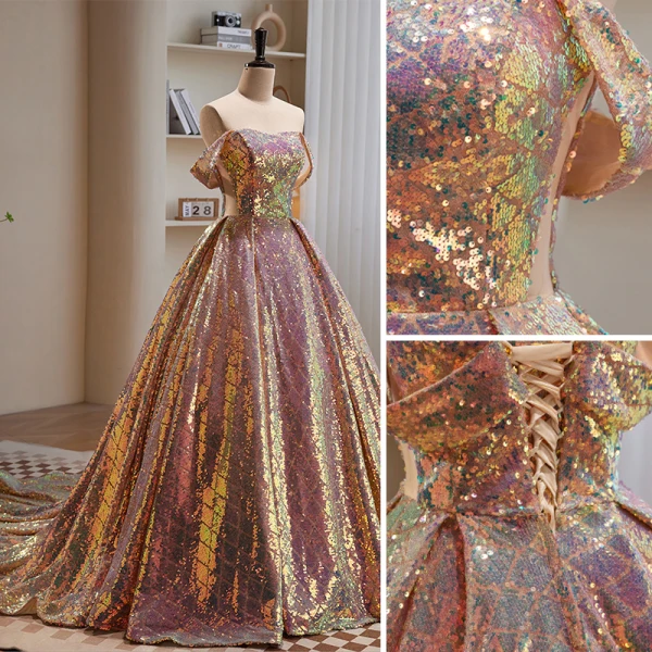 Glitzernden Sexy Rose Gold Pailletten Ballkleider 2023 Ballkleid Bandeau Ärmellos Rückenfreies Sweep / Pinsel Zug Ball Festliche Kleider