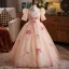 Chic / Beautiful Blushing Pink Beading Sequins Lace Flower Birthday Flower Girl Dresses 2025 Ball Gown High Neck Short Sleeve Backless Floor-Length / Long Tulle