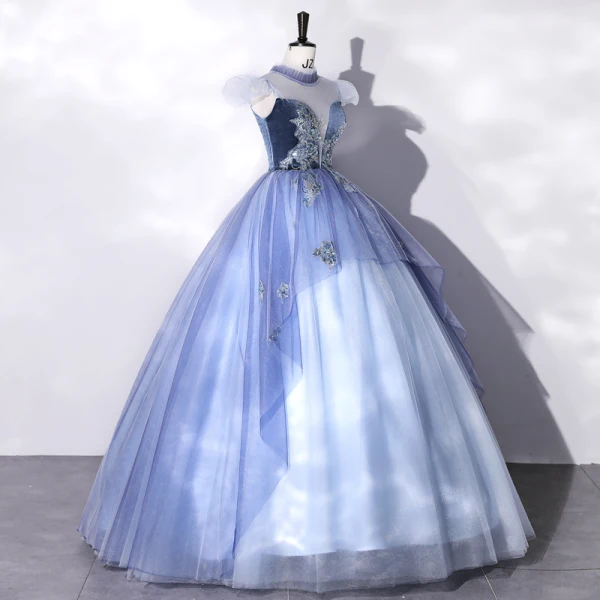 Elegant Pool Blue Beading Sequins Lace Flower Prom Dresses 2022 Ball Gown High Neck Puffy Short Sleeve Floor-Length / Long Formal Dresses