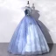 Elegant Pool Blue Beading Sequins Lace Flower Prom Dresses 2022 Ball Gown High Neck Puffy Short Sleeve Floor-Length / Long Formal Dresses