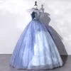 Elegant Pool Blue Beading Sequins Lace Flower Prom Dresses 2022 Ball Gown High Neck Puffy Short Sleeve Floor-Length / Long Formal Dresses