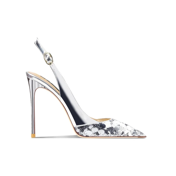Sexy Silber Pailletten Sandalen Damen 2024 Leder Hochzeit 10 cm Stilettos Spitzschuh Sandaletten Hochhackige