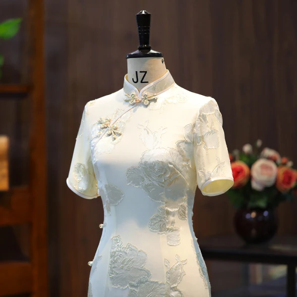 Chinese style Ivory Glitter Printing Evening Party Silk Tea-length Cheongsam / Qipao 2024 Trumpet / Mermaid High Neck Short Sleeve