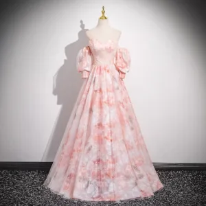 Chic Beautiful Blushing Pink Printing Prom Dresses 2025 A Line Princess Strapless Short Sleeve Backless Floor Length Long Prom Formal Dresses