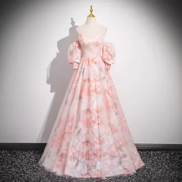 Chic Beautiful Blushing Pink Printing Prom Dresses 2025 A Line Princess Strapless Short Sleeve Backless Floor Length Long Prom Formal Dresses