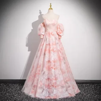 Hermoso Rosa Clara Impresión Vestidos De Gala 2025 A Line Princess Sin Tirantes Manga Corta Sin Espalda Largos Gala Vestidos Formales