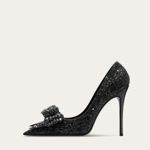 Bling Bling Noire Faux Diamant Paillettes Noeud Promo Escarpins 2024 10 Cm Talons Aiguilles À Bout Pointu Escarpins Talons Hauts