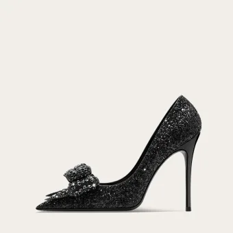 Bling Bling Negro Rhinestone Lentejuelas Bowknot Gala Tacones 2024 10 Cm Stilettos Tacones De Aguja Punta Estrecha Tacones High Heels