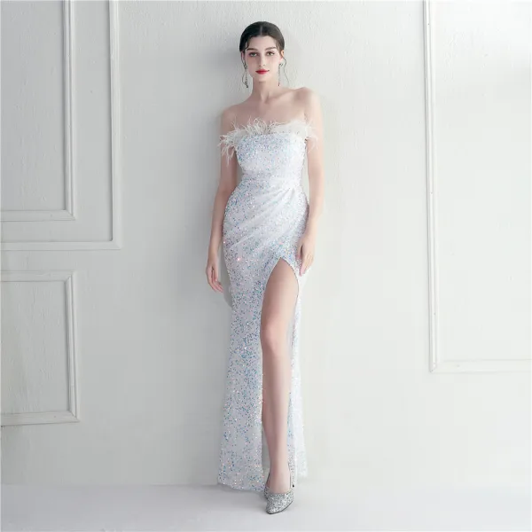 Scintillantes Rougissant Rose Paillettes Fendue devant Robe De Soirée 2024 Trompette / Sirène Bustier Gland Sans Manches Dos Nu Longue Soirée Robe De Ceremonie