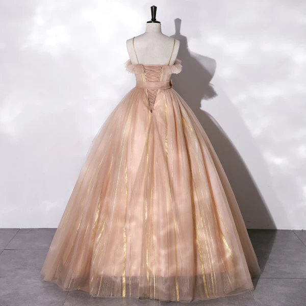 Charmant Champagner Ballkleider 2022 Ballkleid Spaghettiträger Ärmellos Rückenfreies Schleife Stoffgürtel Lange Festliche Kleider