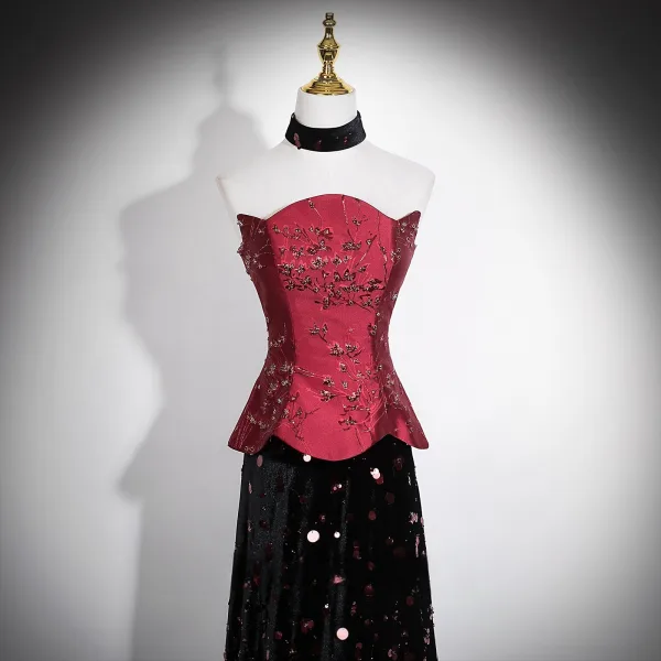 High-end Chinese style Burgundy Sequins Formal Dresses 2026 A-Line / Princess Strapless Sleeveless Backless Floor-Length / Long Evening Party Evening Dresses