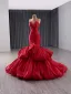 High End Rot Fallende Rüsche Ballkleider 2025 Meerjungfrau Bandeau Schleife Ärmellos Rückenfreies Sweep / Pinsel Zug Ball Festliche Kleider