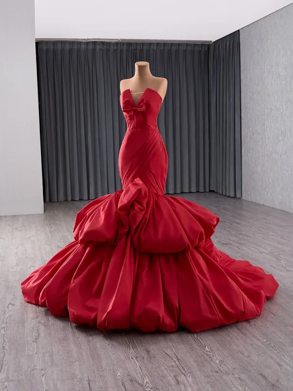 chinese dress ladies Sexy Red Sweetheart Strapless Mermaid Long Ruffle Pleats Long Prom Dre –  SposaBridal main image 1