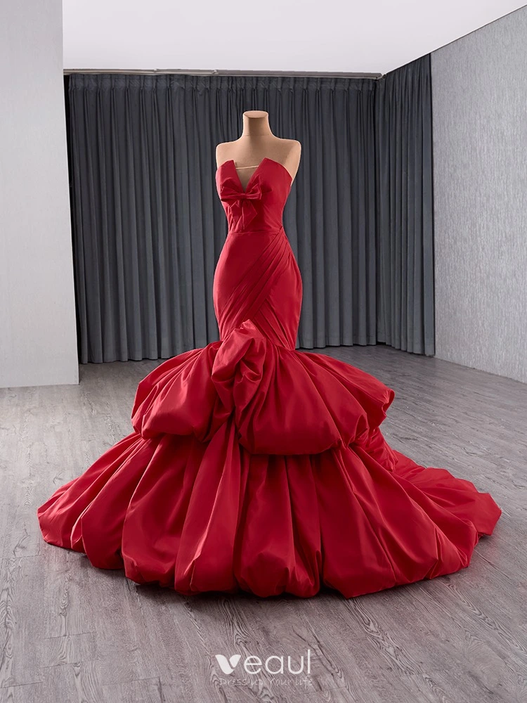 red mermaid formal dress Sparkly Red Off-the-shoulder Long Mermaid Prom Dresses With Slit main image 1