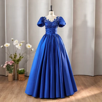 Vintage Retro Royal Blue Prom Dresses 2024 Beading Sequins Lace Flower Satin Ball Gown Scoop Neck Short Sleeve Bow Formal Dresses