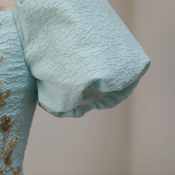 Elegant Mint Green Beading Sequins Prom Dresses 2023 Ball Gown Square Neckline Short Sleeve Backless Floor-Length / Long Prom Formal Dresses