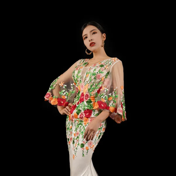 High-end Multi-Colors Embroidered Flower Evening Dresses 2023 Trumpet / Mermaid V-Neck 3/4 Sleeve Sweep Train Evening Party Formal Dresses