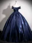 Vintage / Retro Navy Blue Beading Prom Dresses 2025 Ball Gown Off-The-Shoulder Sleeveless Backless Floor-Length / Long Formal Dresses