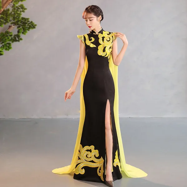 Chinese style Black Gold Lace Flower Evening Party Split Front Cheongsam 2025 Trumpet / Mermaid High Neck Sleeveless Floor-Length / Long Cheongsam / Qipao