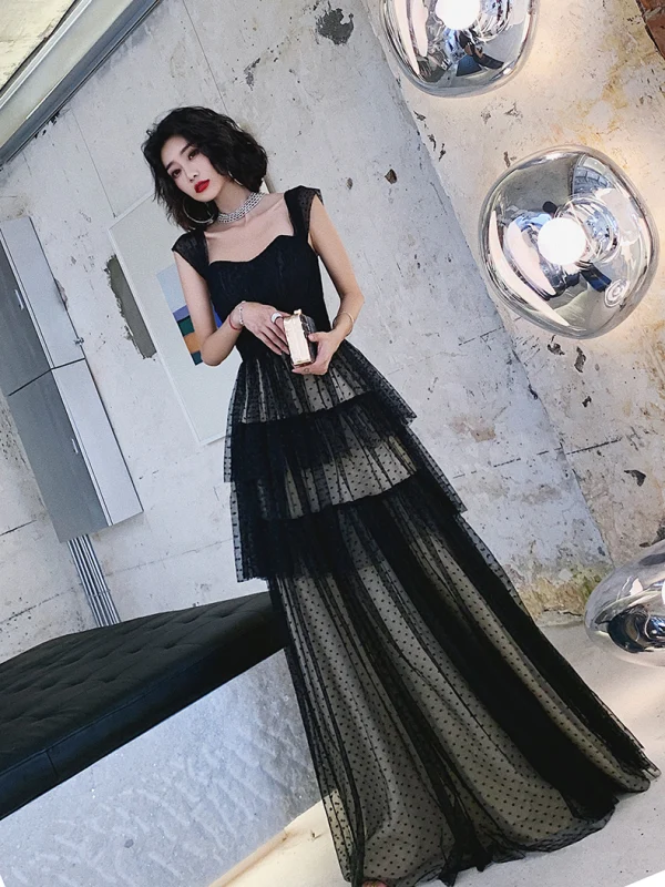 Chic / Beautiful Black Spotted Prom Dresses 2022 A-Line / Princess Square Neckline Sleeveless Backless Floor-Length / Long Prom Formal Dresses