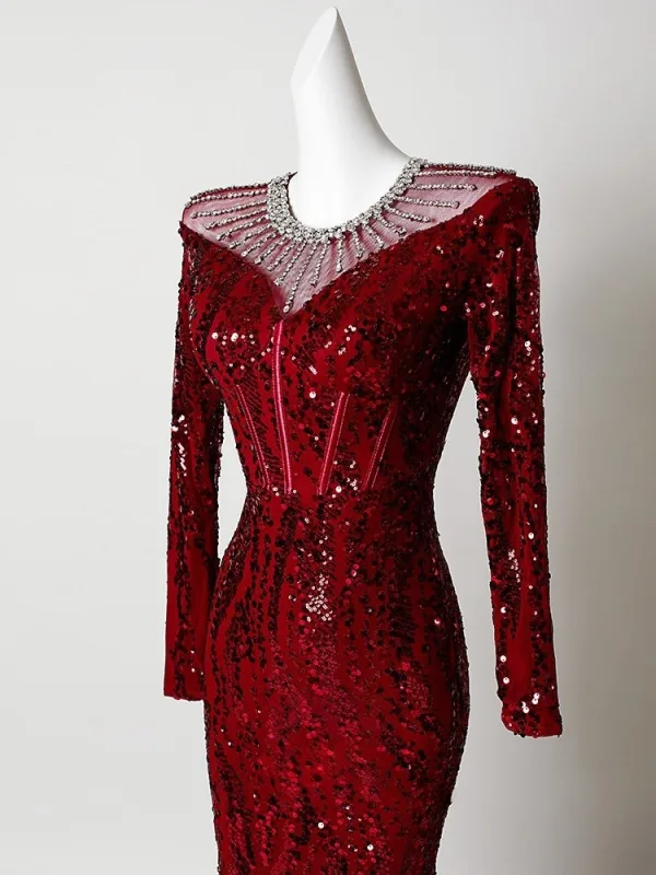 Bling Bling Burgundy Rhinestone Sequins Evening Dresses 2026 Trumpet / Mermaid Scoop Neck Long Sleeve Sweep Train Formal Dresses