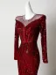 Bling Bling Burgundy Rhinestone Sequins Evening Dresses 2026 Trumpet / Mermaid Scoop Neck Long Sleeve Sweep Train Formal Dresses