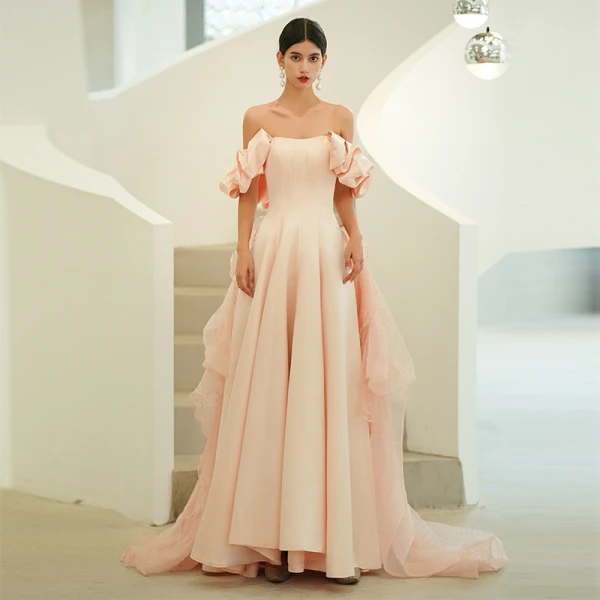 Élégant Rougissant Rose Organza Promo Robe De Bal 2022 Princesse Bustier Sans Manches Dos Nu Longue Robe De Ceremonie
